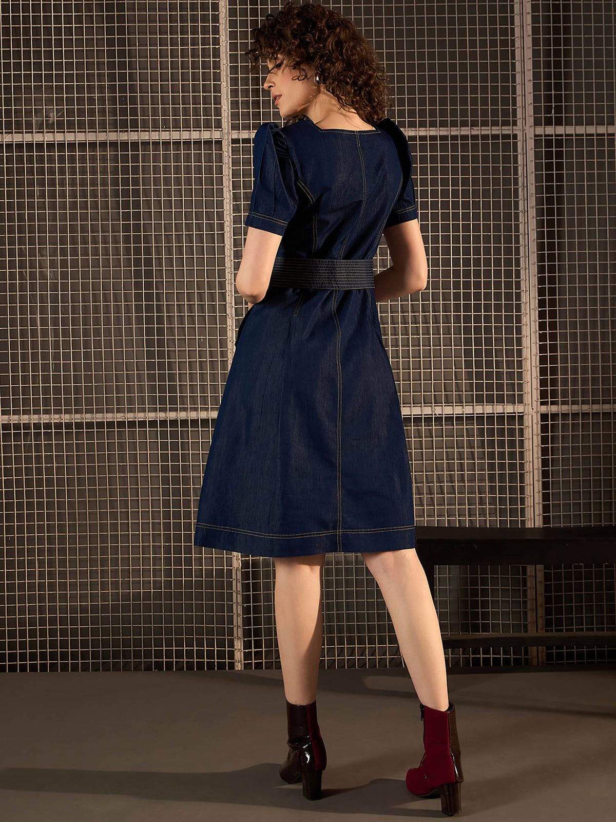 Womens Blue Denim Flared Dress With Belt | D56 - view 3