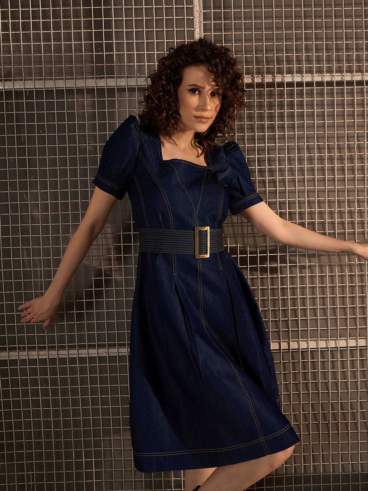 Womens Blue Denim Flared Dress With Belt | D56 - view 5