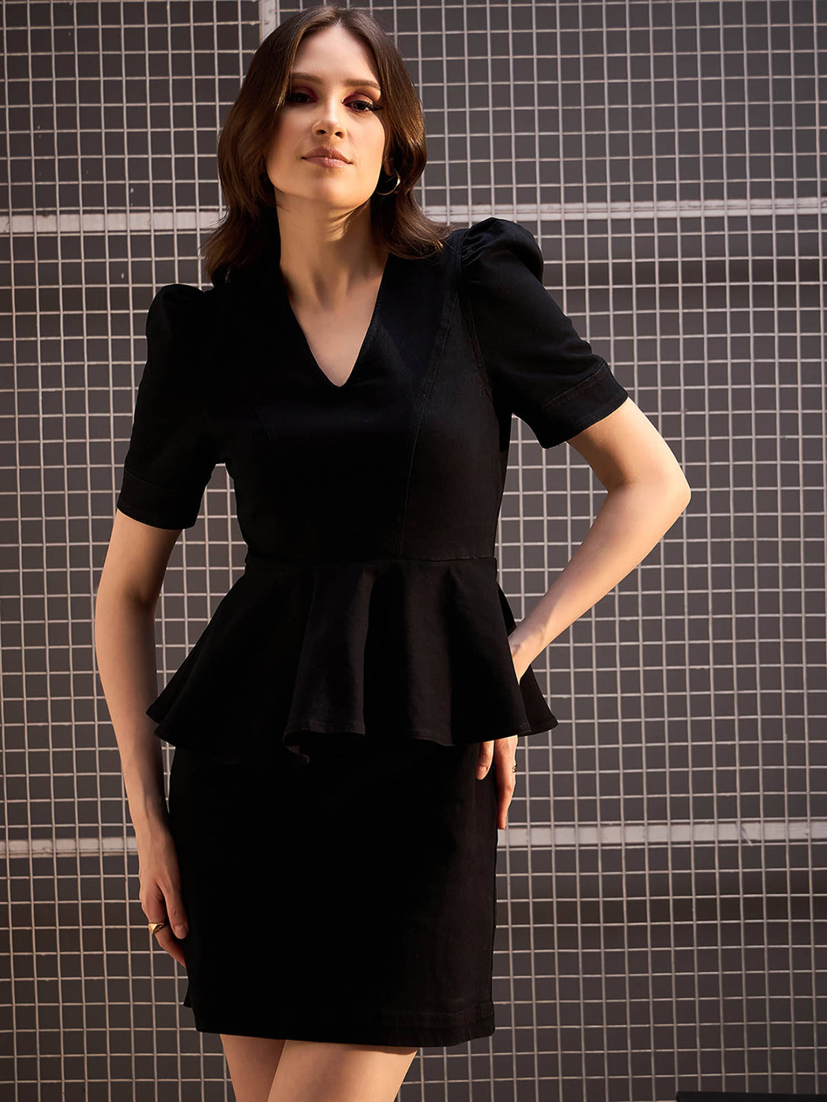 Womens Black Denim Peplum Style Stretch Dress | D56 - view 1