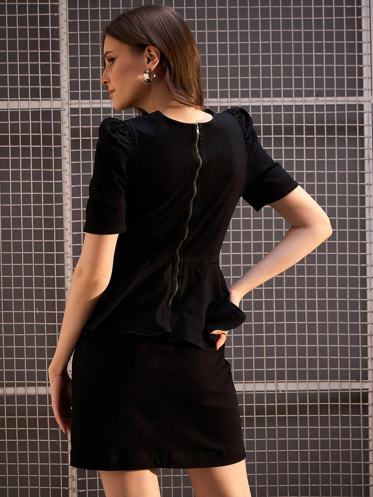 Womens Black Denim Peplum Style Stretch Dress | D56 - view 4