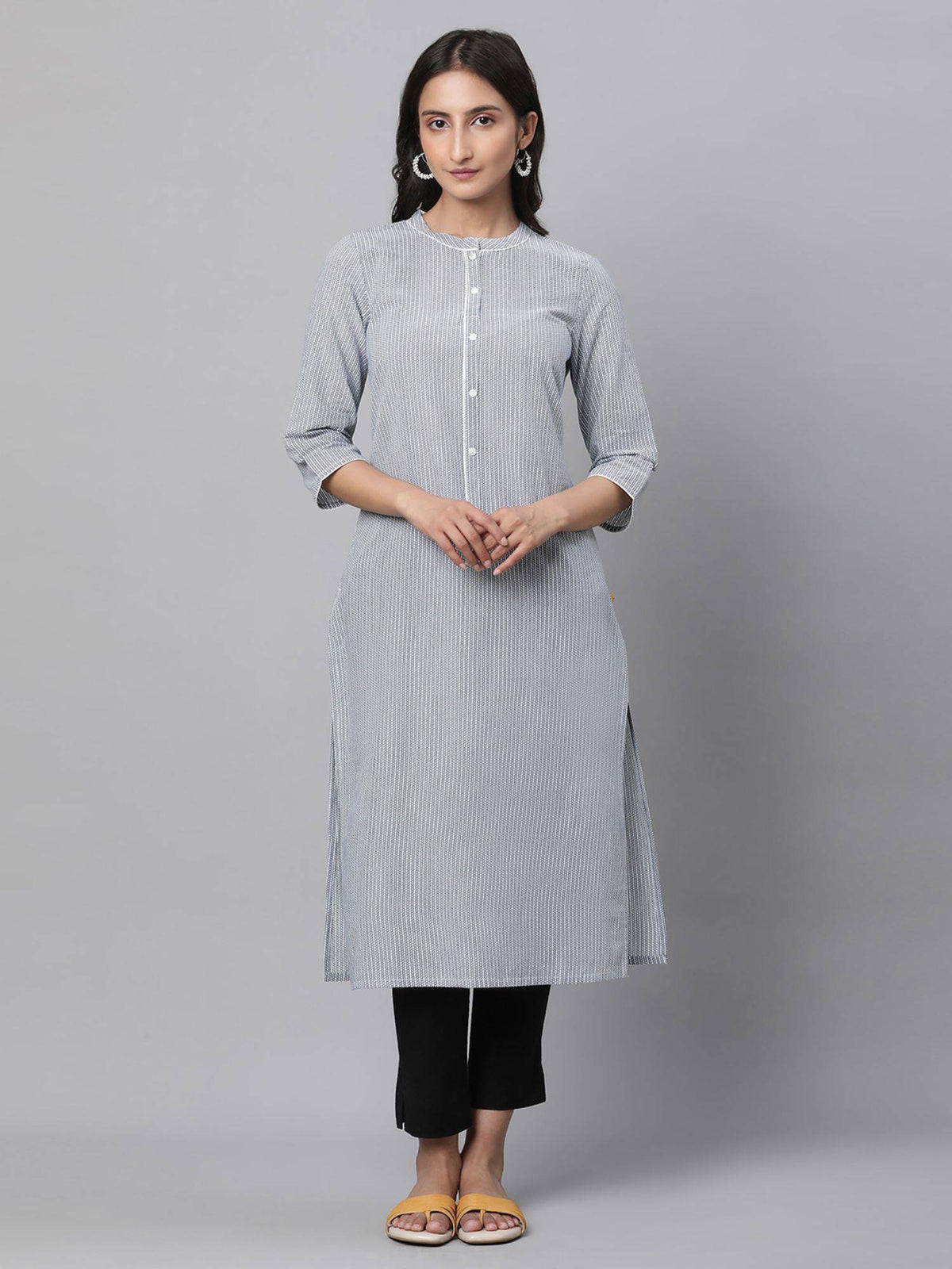 Women White Printed Three Fourth Sleeves Mandarin Neck Kurta | U3S - view 2