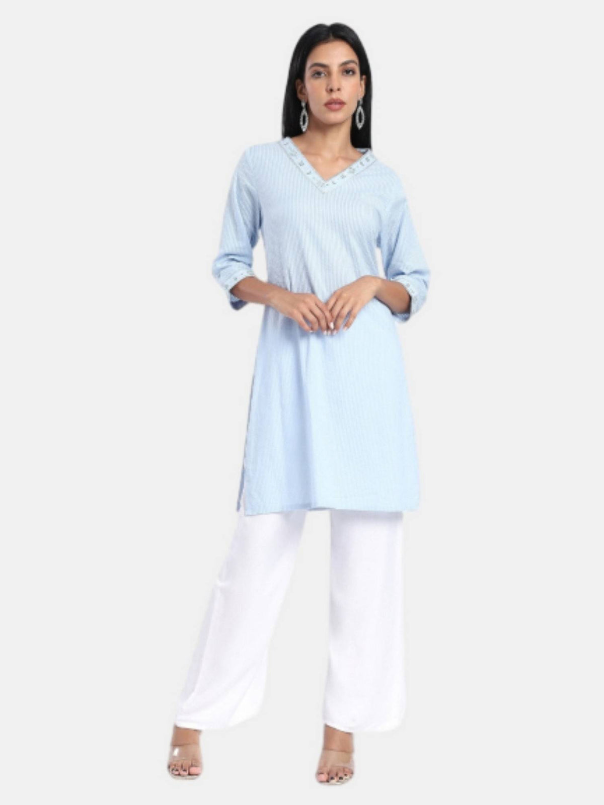 Regular Fit Embraided Blue Kurta | U3S - view 4