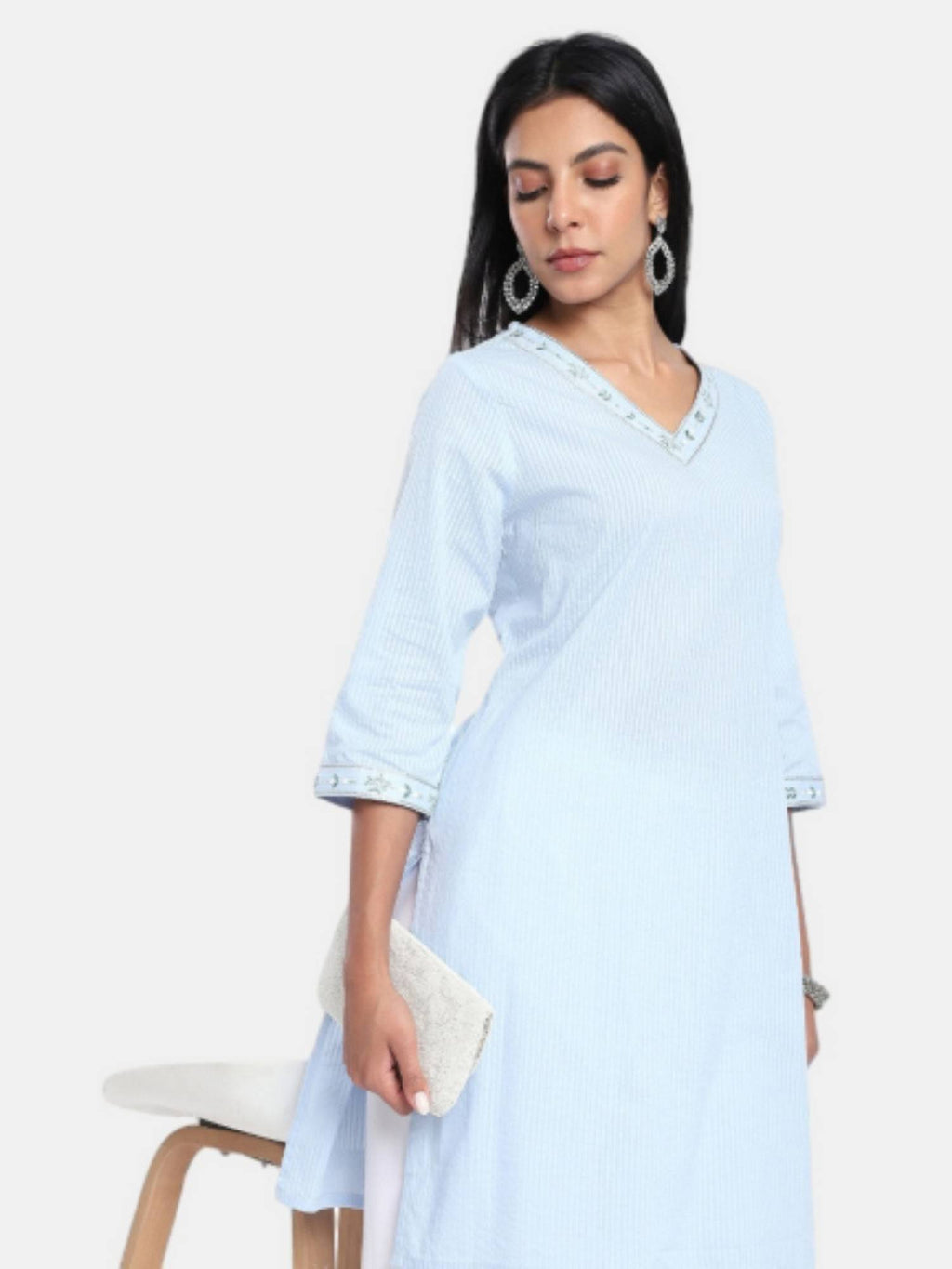 Regular Fit Embraided Blue Kurta | U3S - view 7