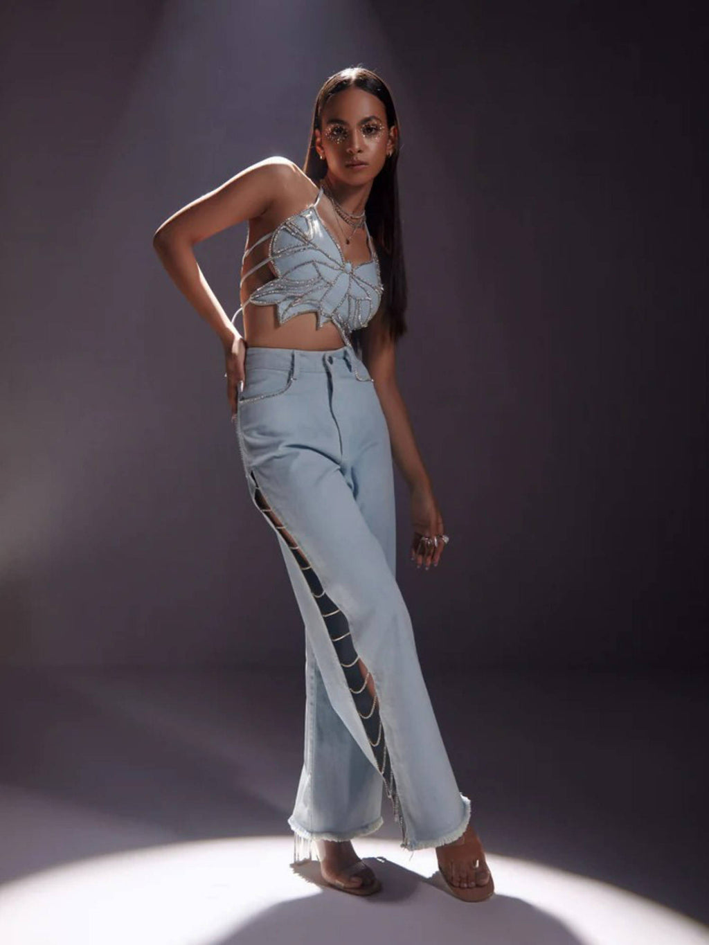 Rhinestone Embellished Jeans with Side Slit-Blue | ST23 - view 3