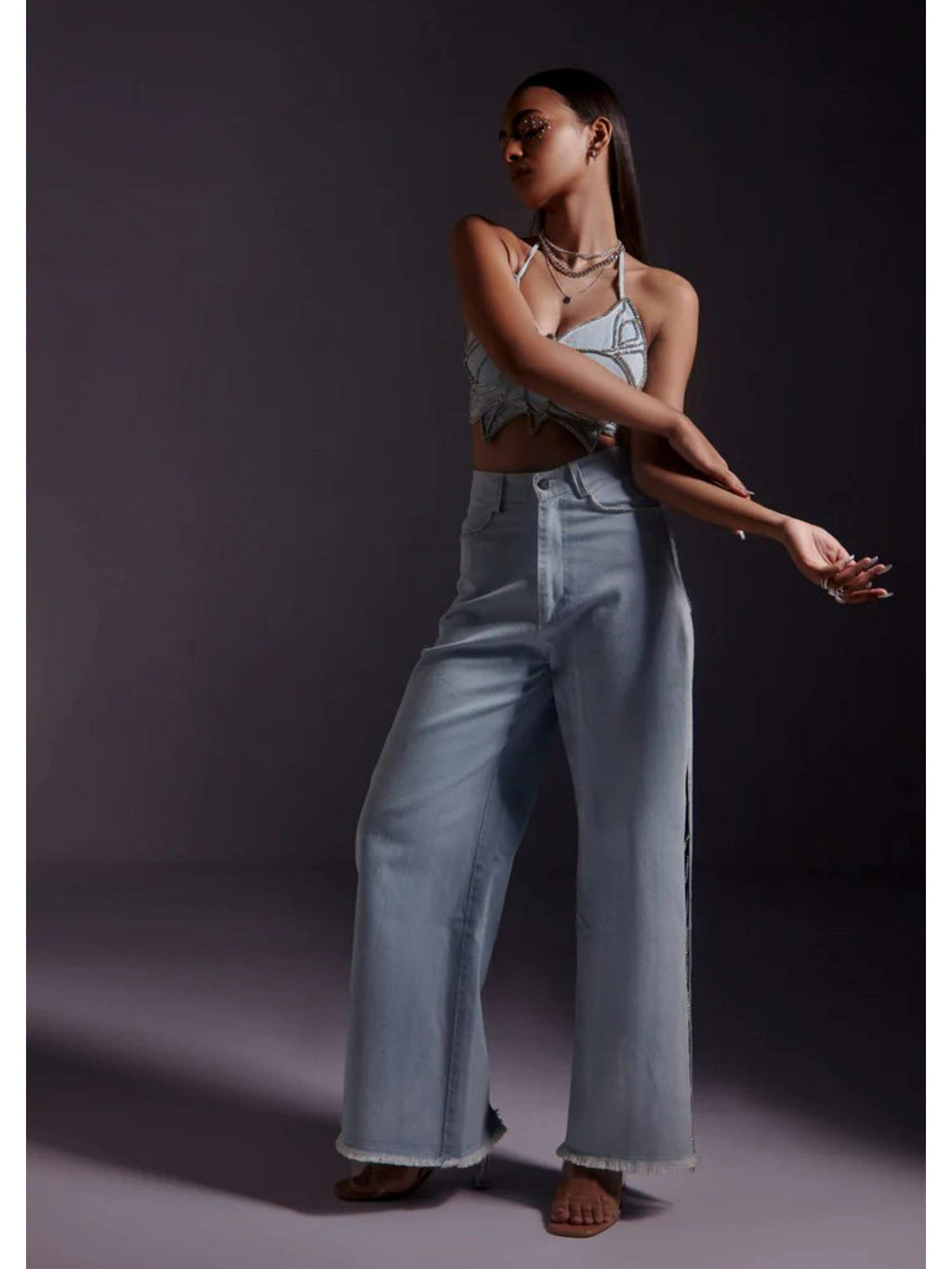Rhinestone Embellished Jeans with Side Slit-Blue | ST23 - view 4