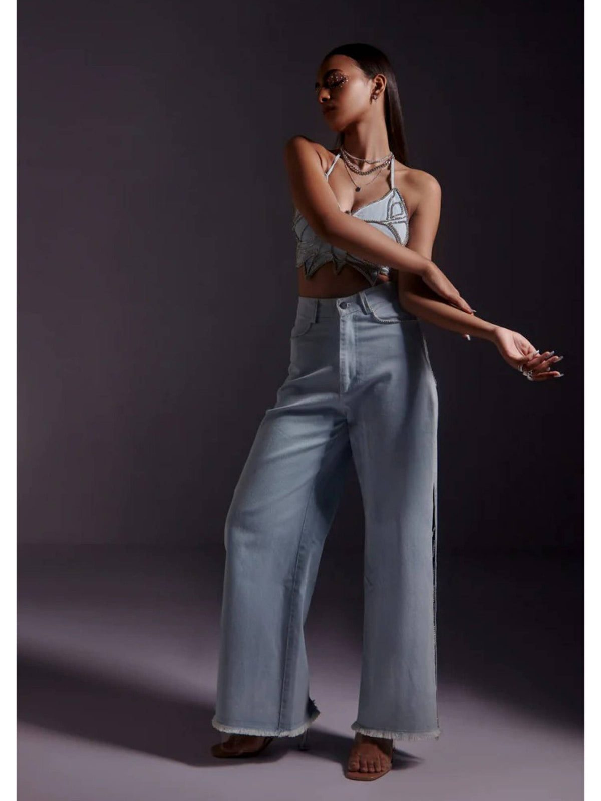 Rhinestone Embellished Jeans with Side Slit-Blue | ST23 - view 4