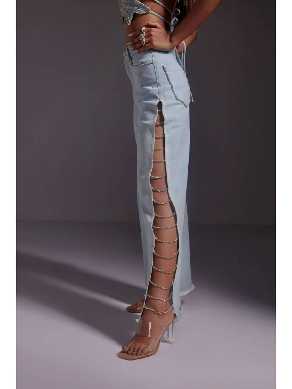 Rhinestone Embellished Jeans with Side Slit-Blue | ST23 - view 6