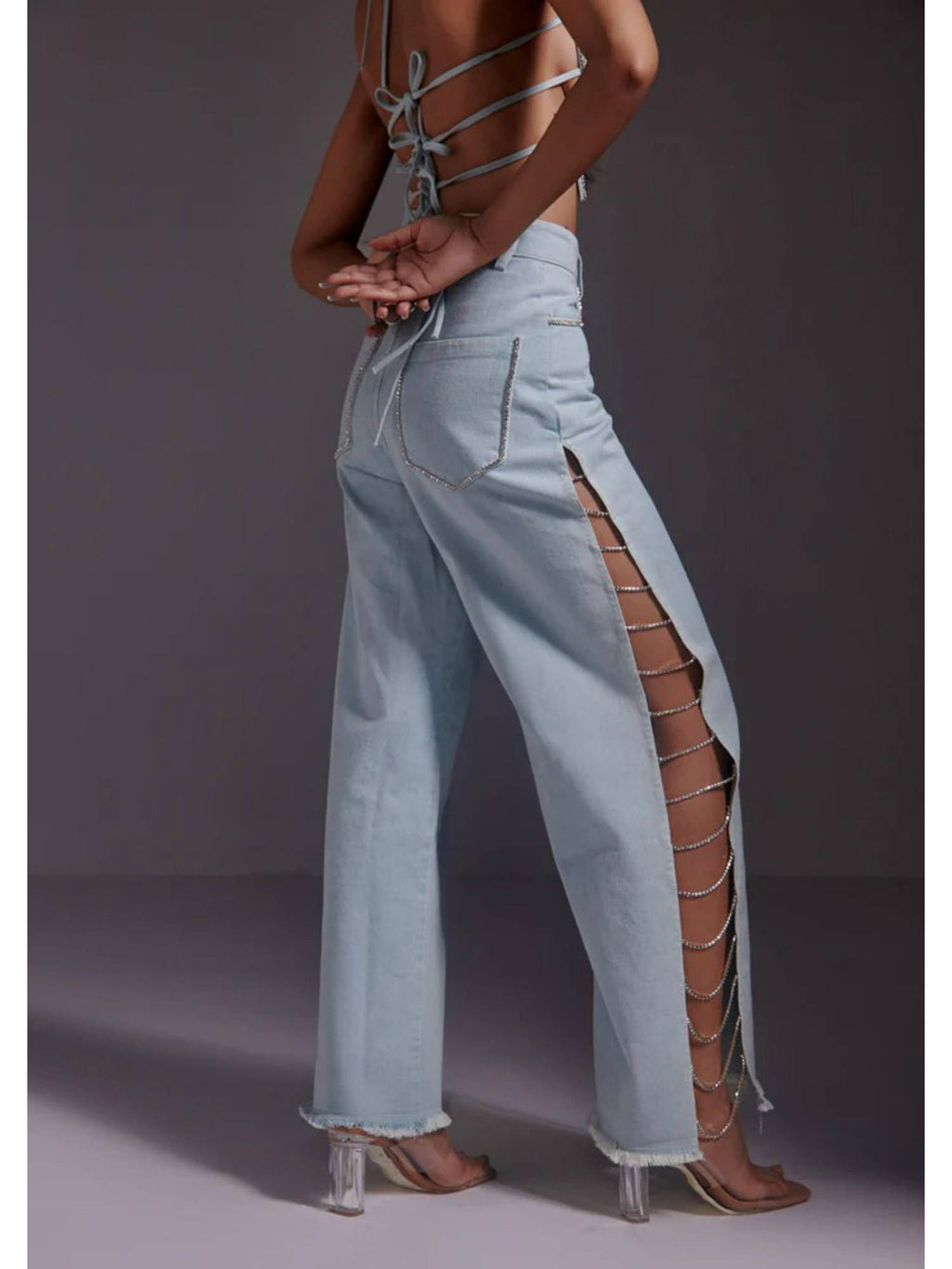 Rhinestone Embellished Jeans with Side Slit-Blue | ST23 - view 7
