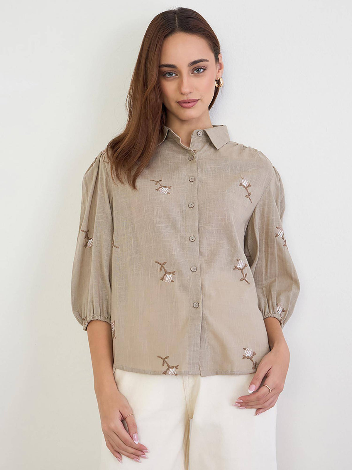 Women Regular Fit All-Over Embroidery Detail Shirt - Brown | S67 - view 1