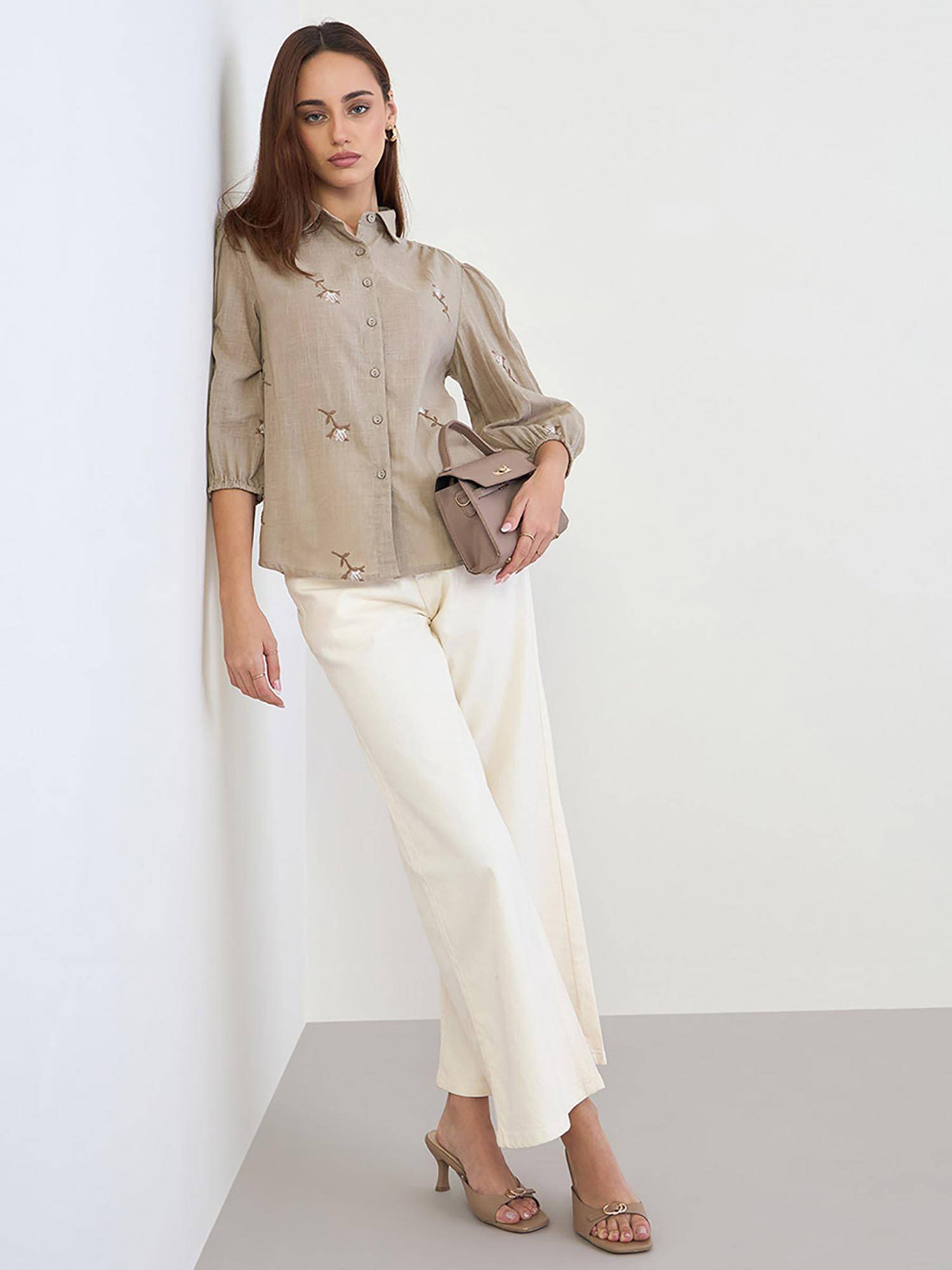 Women Regular Fit All-Over Embroidery Detail Shirt - Brown | S67 - view 2