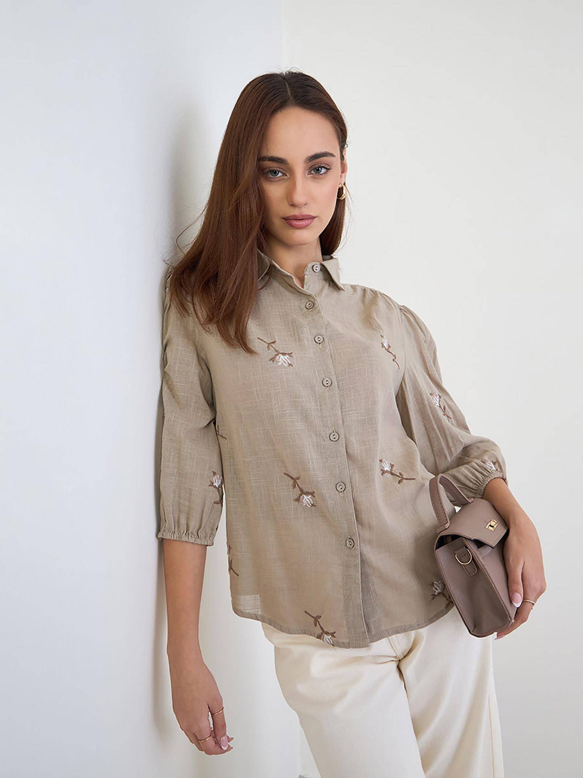 Women Regular Fit All-Over Embroidery Detail Shirt - Brown | S67 - view 3