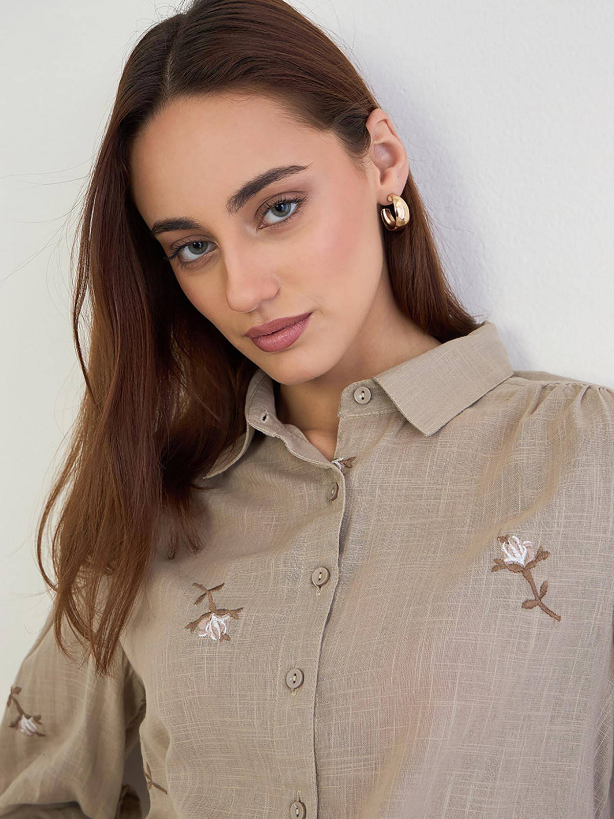 Women Regular Fit All-Over Embroidery Detail Shirt - Brown | S67 - view 4