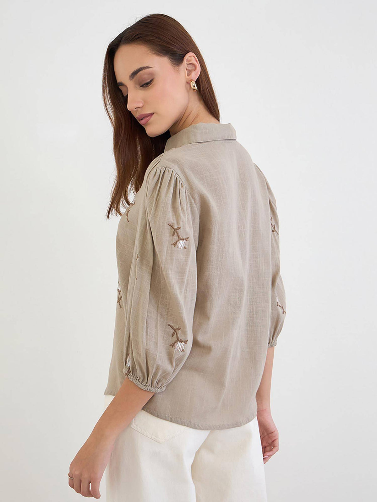 Women Regular Fit All-Over Embroidery Detail Shirt - Brown | S67 - view 5