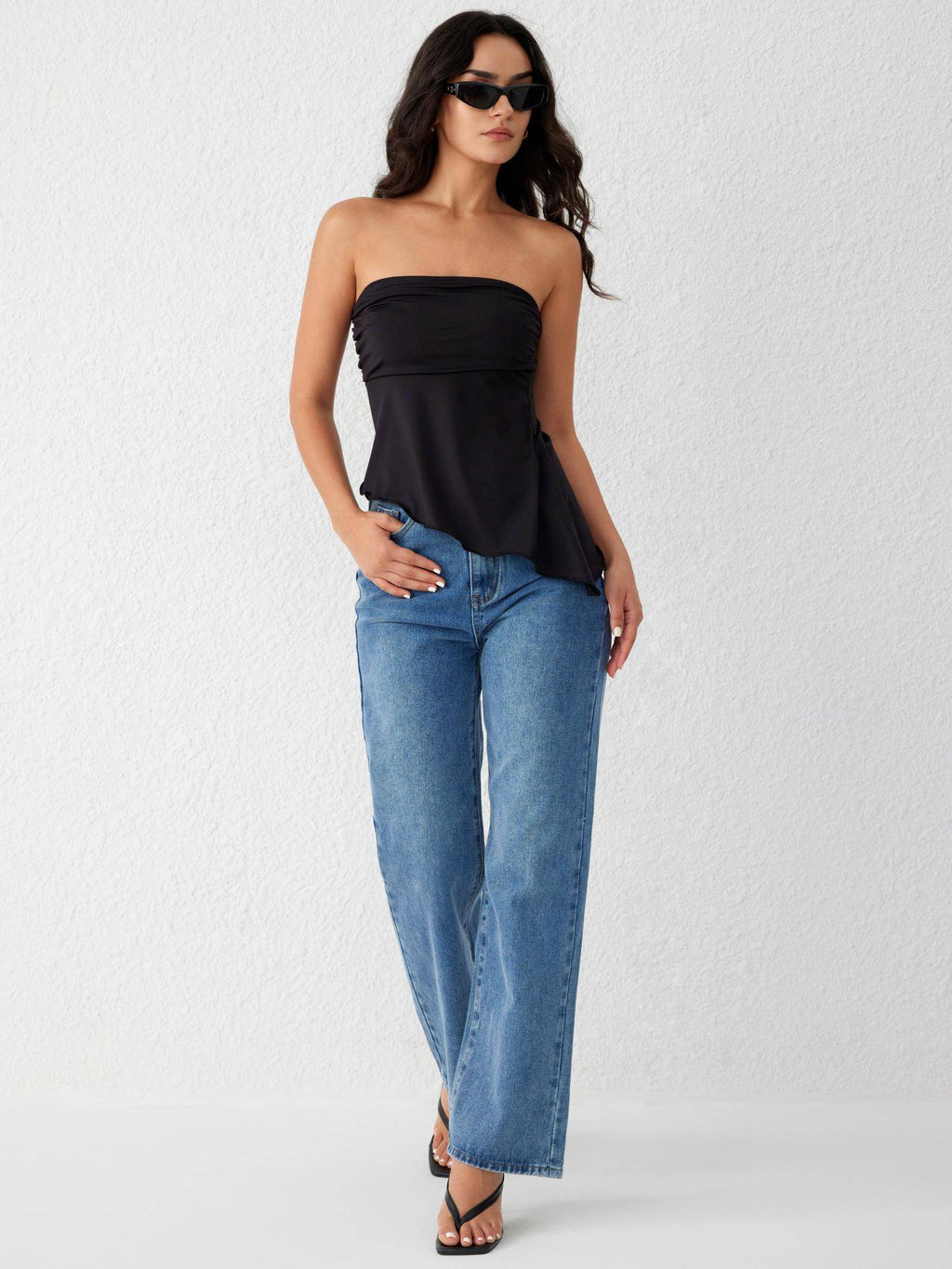 Black Ruched Asymmetrical Hem Tube Top | TT90 - view 4