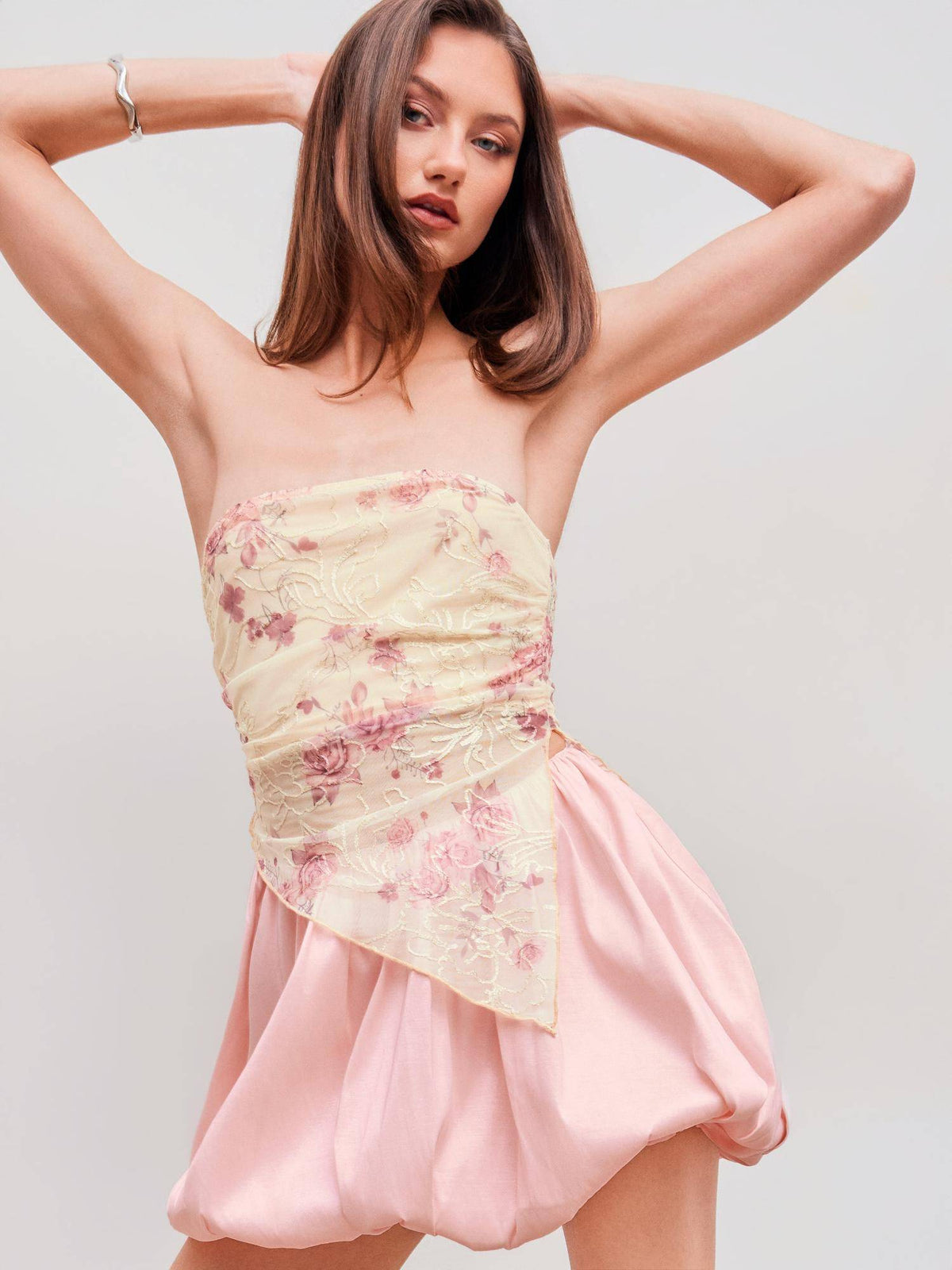 Beige Mesh Floral Asymmetrical Hem Tube Top | TT90 - view 8