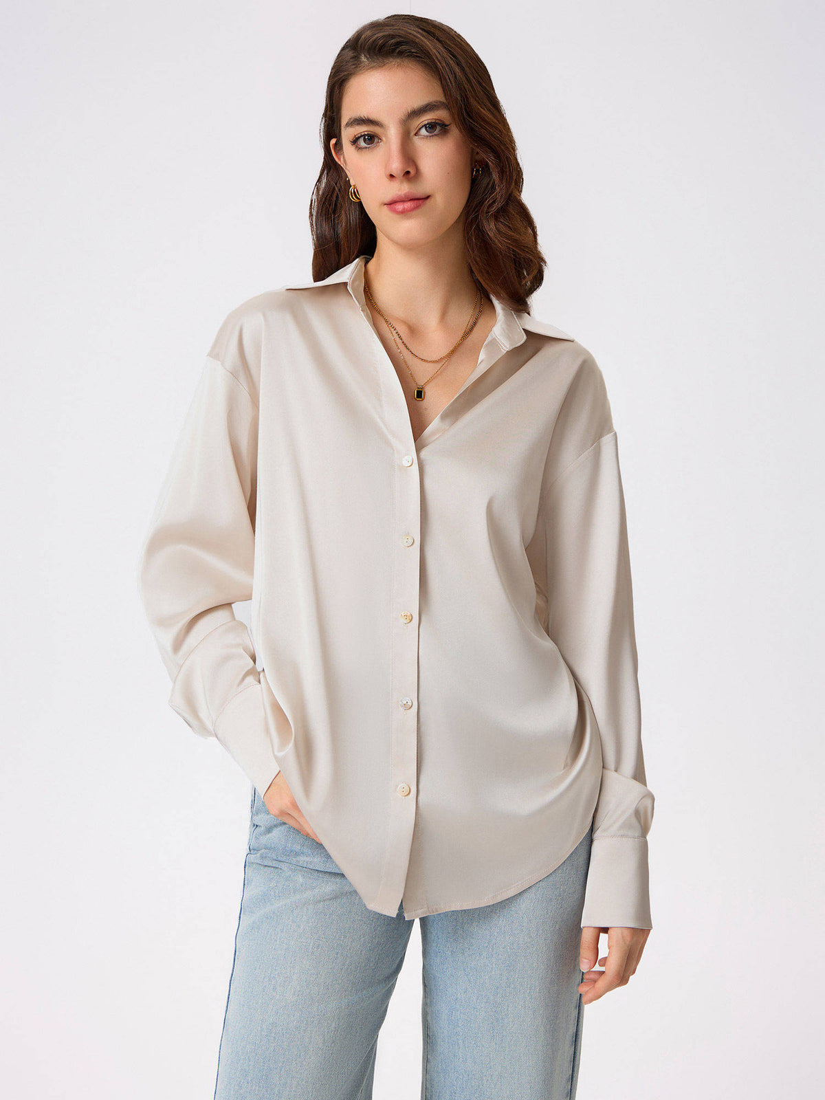 Satin Collar Solid Button Long Sleeve Blouse Top | S67 - view 1