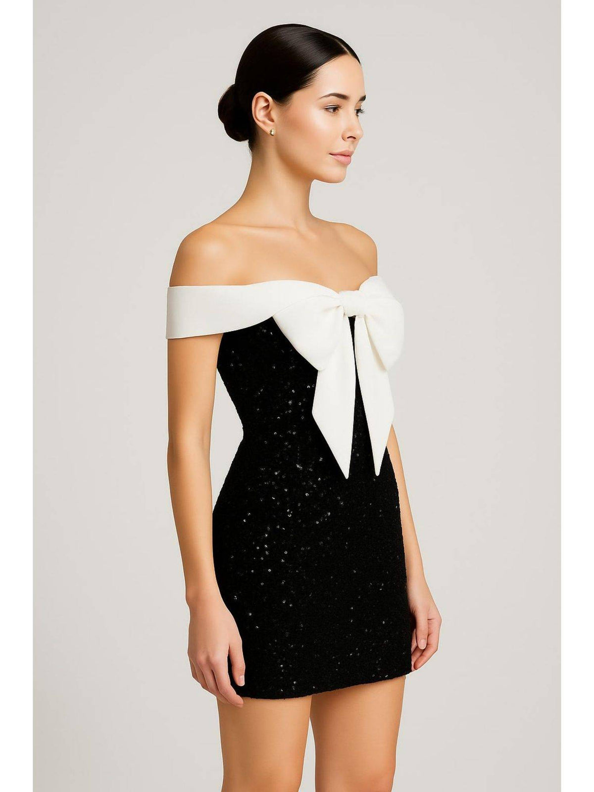 Sequin Off-shoulder Solid Bowknot Dress | D56 - view 2