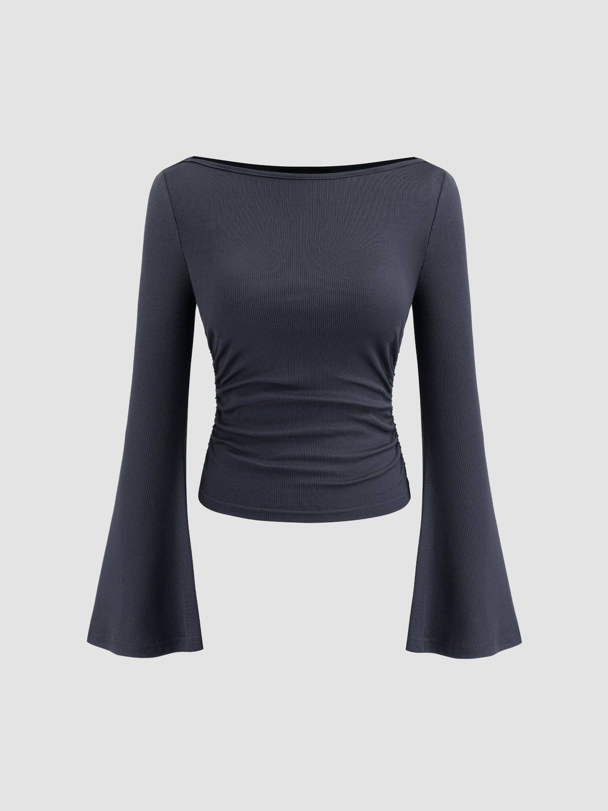Boat Neck Solid Ruched Long Sleeve Tee | TS56 - view 36
