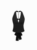 Halter V-neck Ruched Rhinestone Cut Out Tie Back Top | HT67 - view 1
