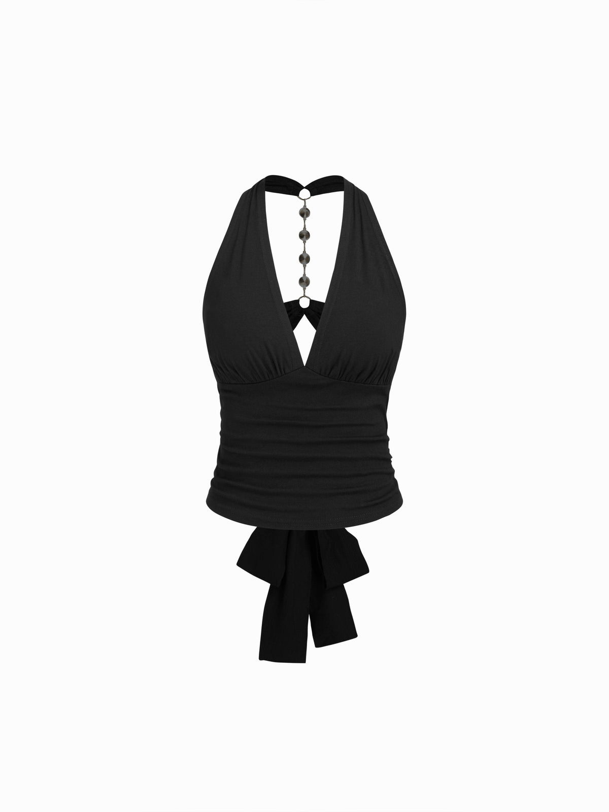 Halter V-neck Ruched Rhinestone Cut Out Tie Back Top | HT67 - view 1