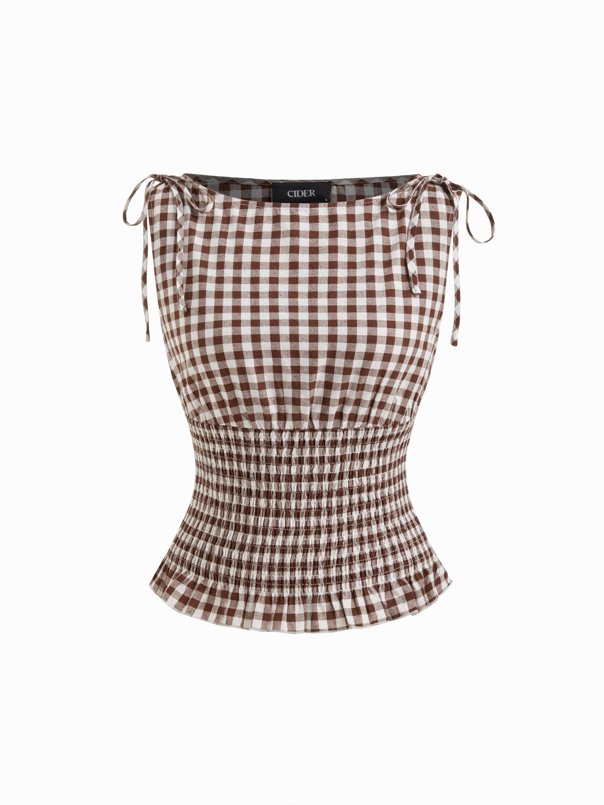 100% Cotton Boat Neck Gingham Shirred Lettuce Trim Knotted Tank Top | TT98 - view 1
