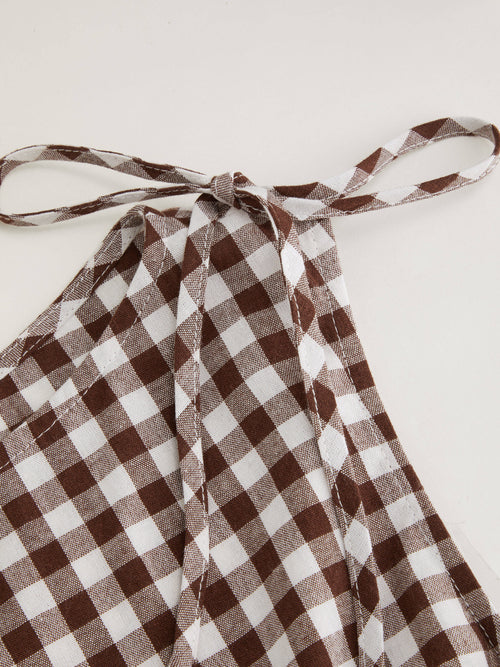 100% Cotton Boat Neck Gingham Shirred Lettuce Trim Knotted Tank Top | TT98 - view 2