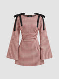 Cotton Blend Boat Neck Gingham Bowknot Ruched Dress | D56 - view 1