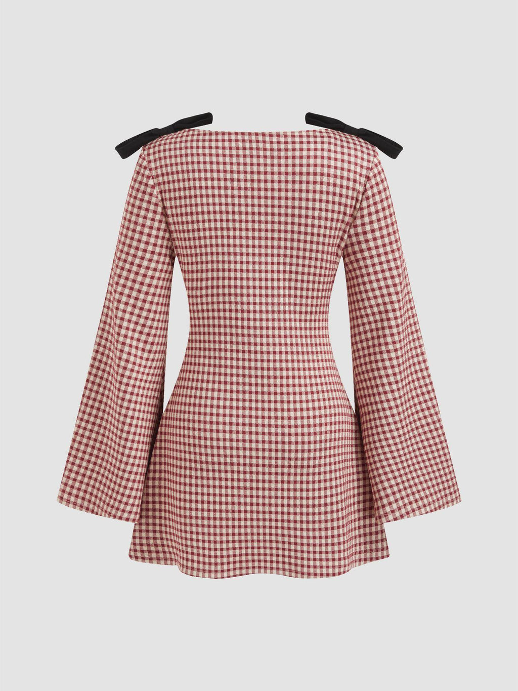 Cotton Blend Boat Neck Gingham Bowknot Ruched Dress | D56 - view 6