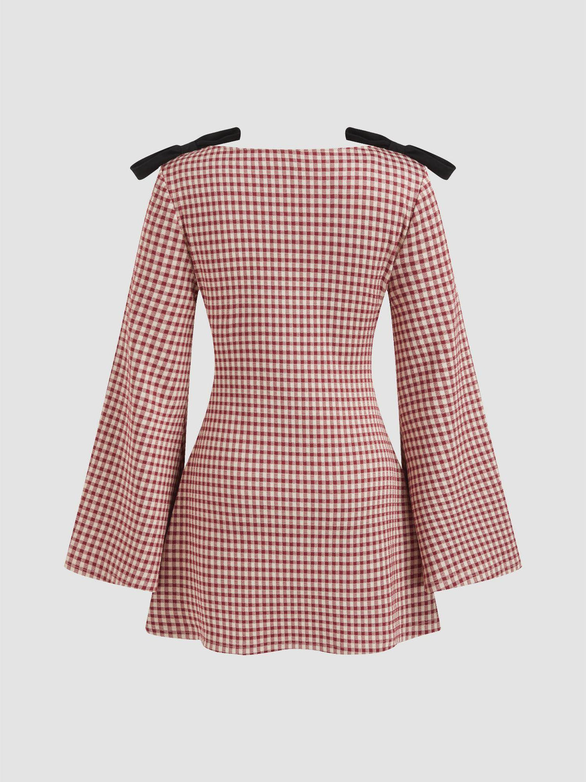 Cotton Blend Boat Neck Gingham Bowknot Ruched Dress | D56 - view 6