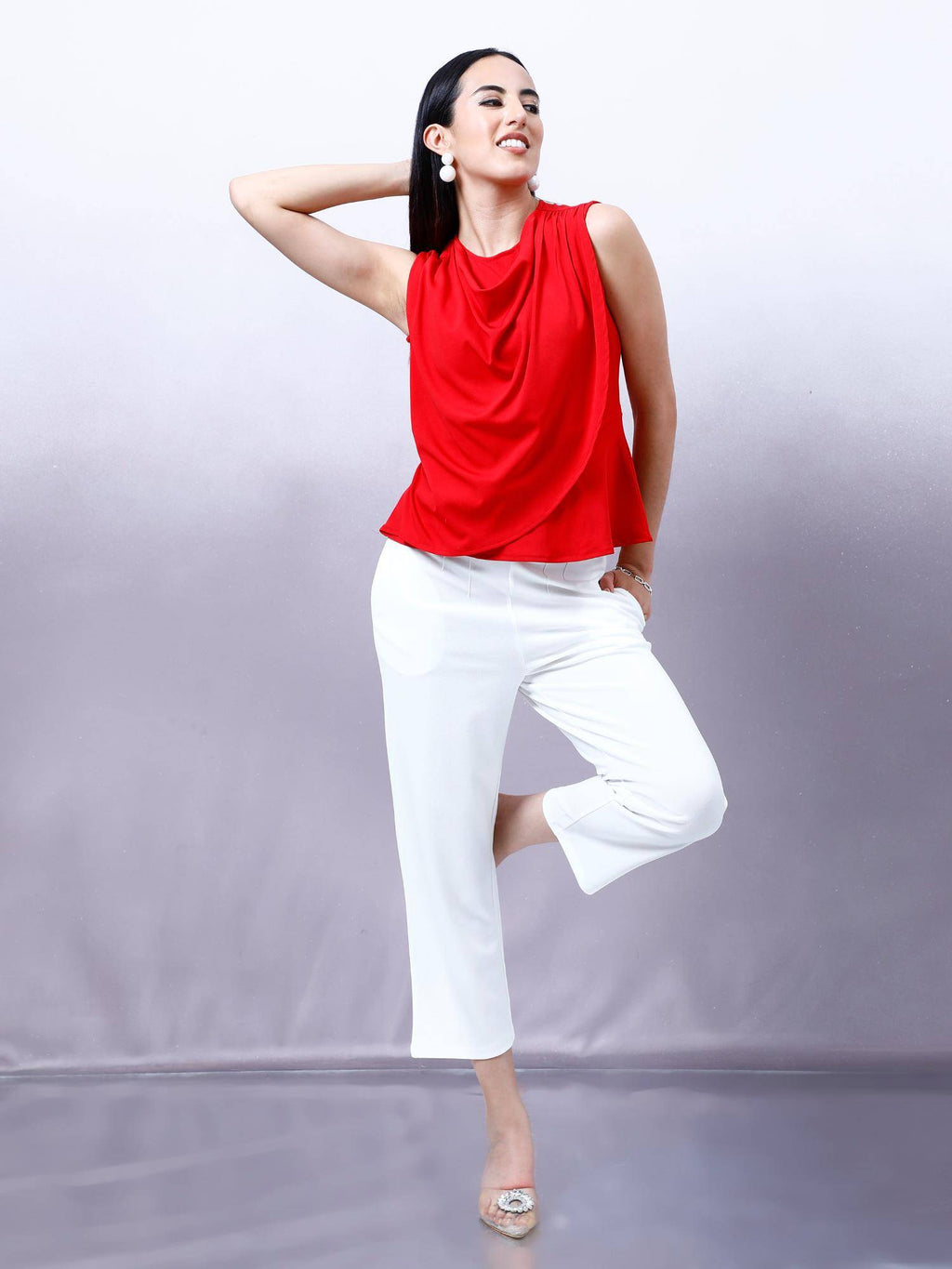 Women Red Solid Draped Peplum Top | pt51 - view 4
