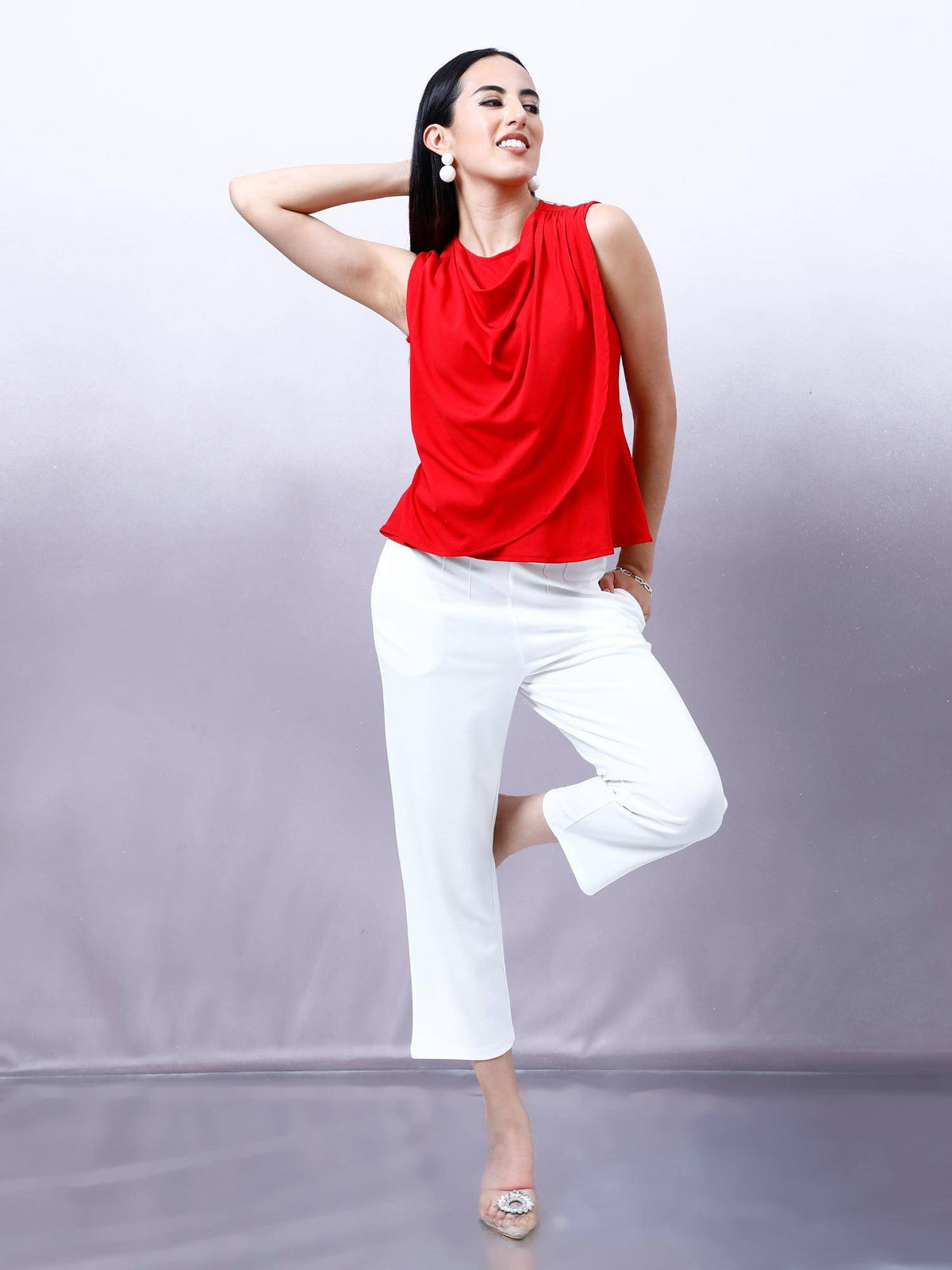 Women Red Solid Draped Peplum Top | pt51 - view 4
