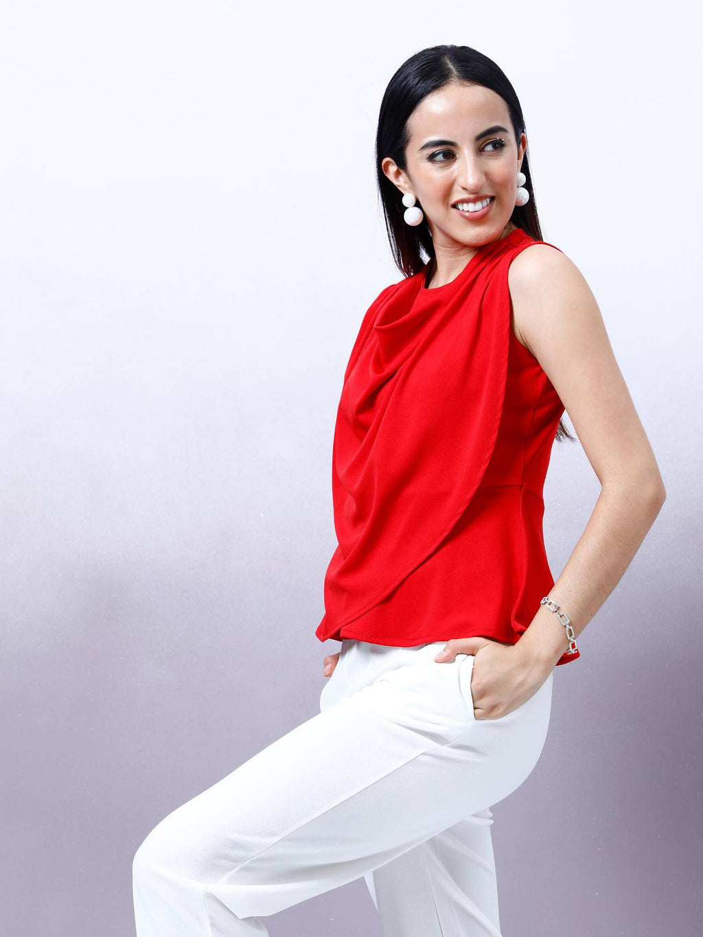 Women Red Solid Draped Peplum Top | pt51 - view 5