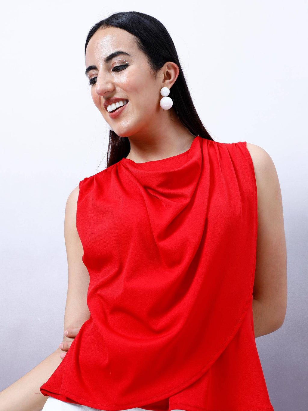 Women Red Solid Draped Peplum Top | pt51 - view 6