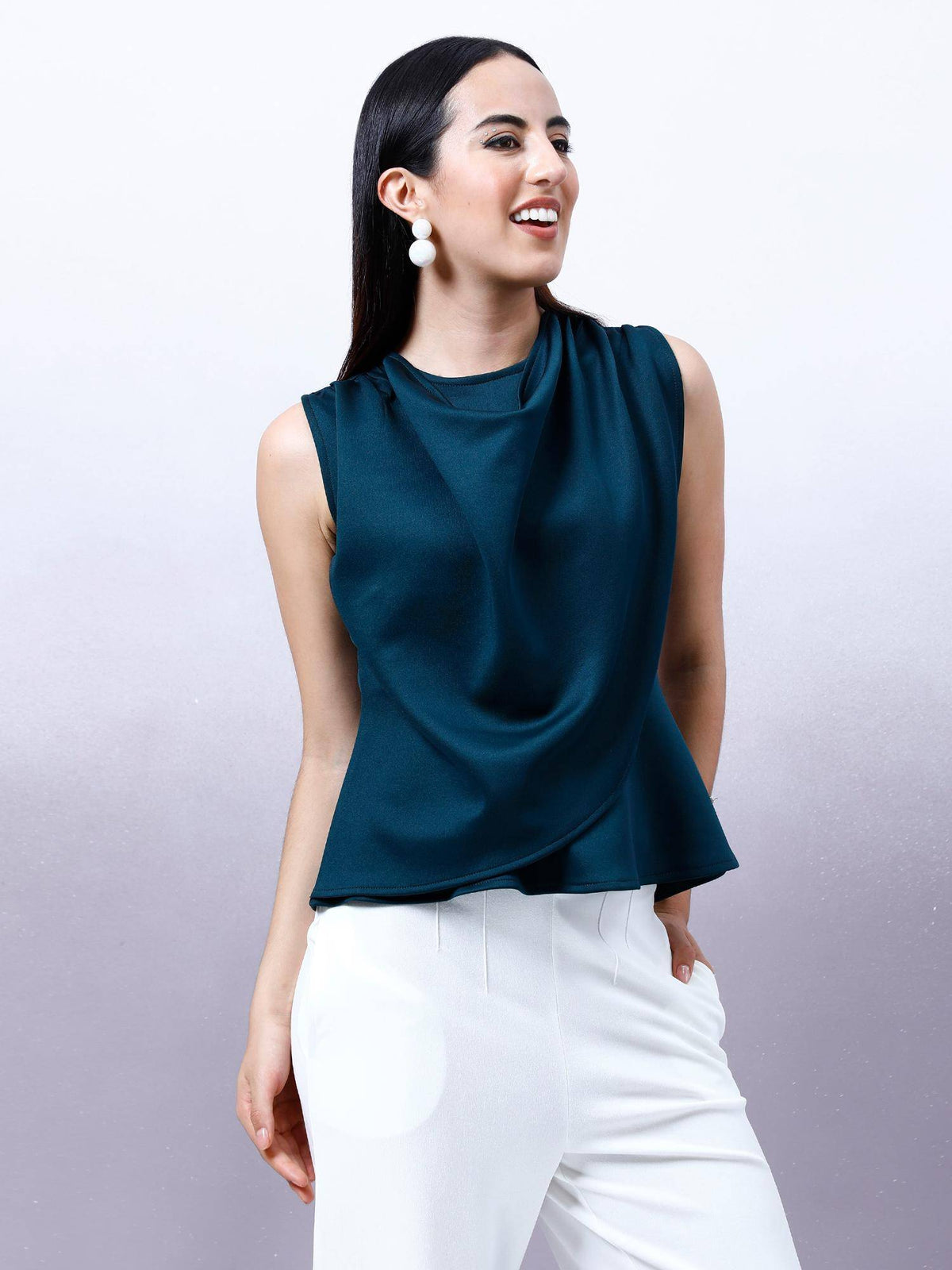 Women Bottle Green Solid Draped Peplum Top | pt51 - view 1