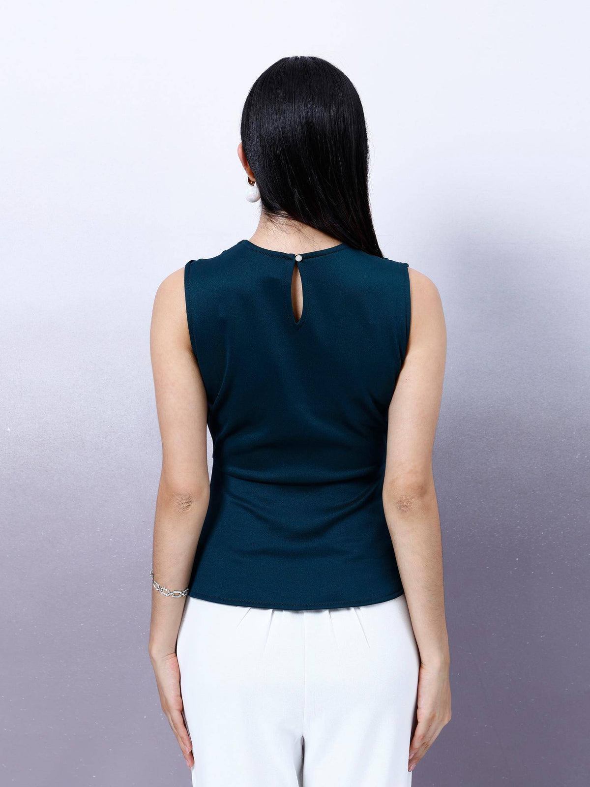 Women Bottle Green Solid Draped Peplum Top | pt51 - view 2