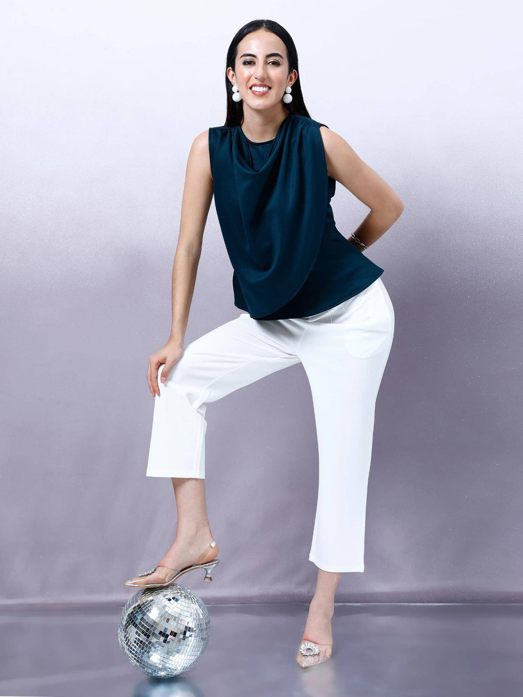 Women Bottle Green Solid Draped Peplum Top | pt51 - view 3