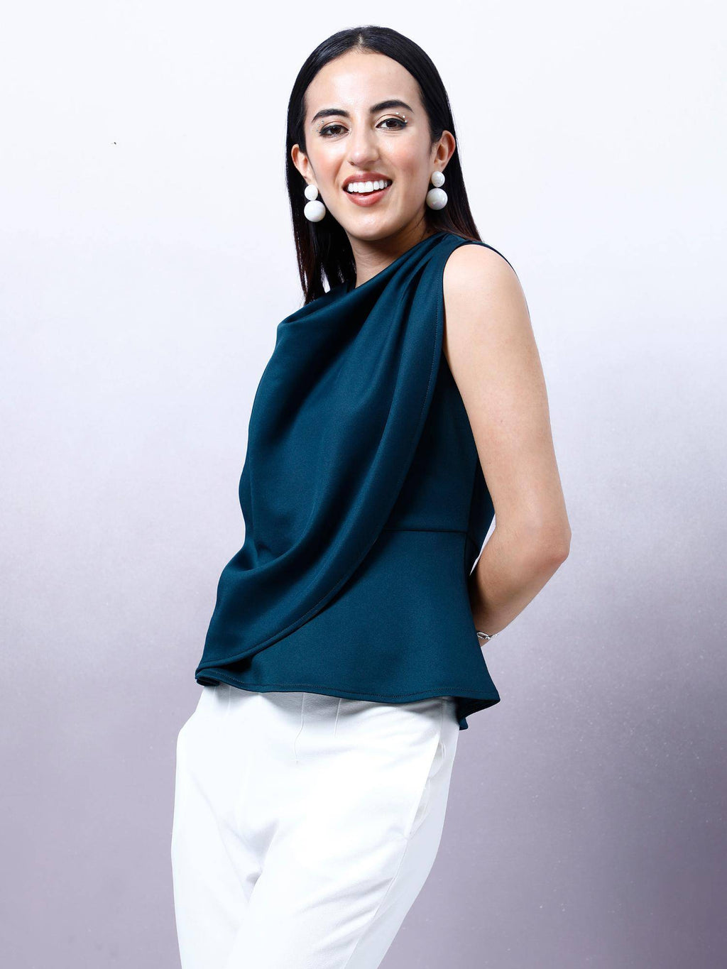 Women Bottle Green Solid Draped Peplum Top | pt51 - view 4