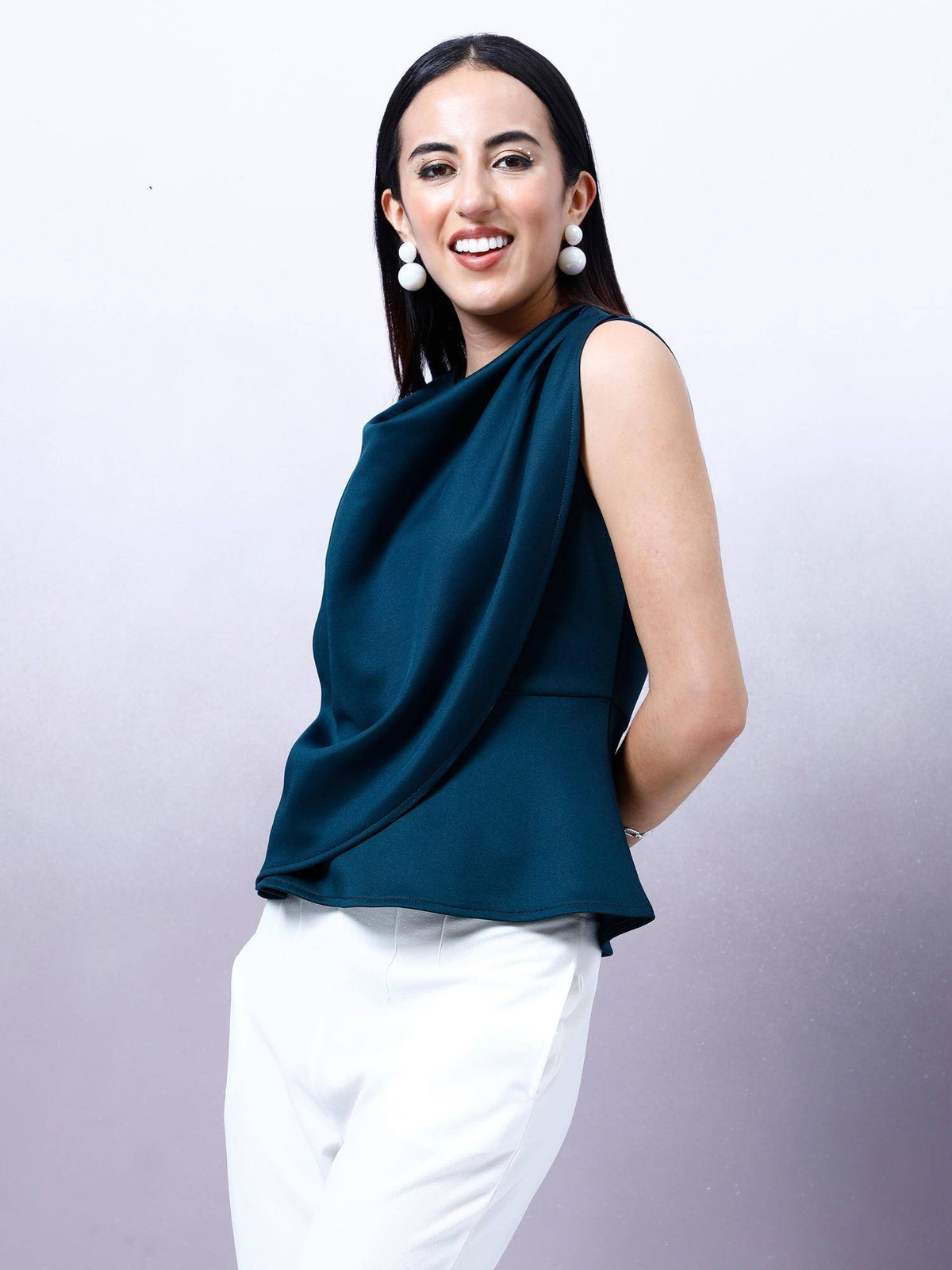 Women Bottle Green Solid Draped Peplum Top | pt51 - view 4
