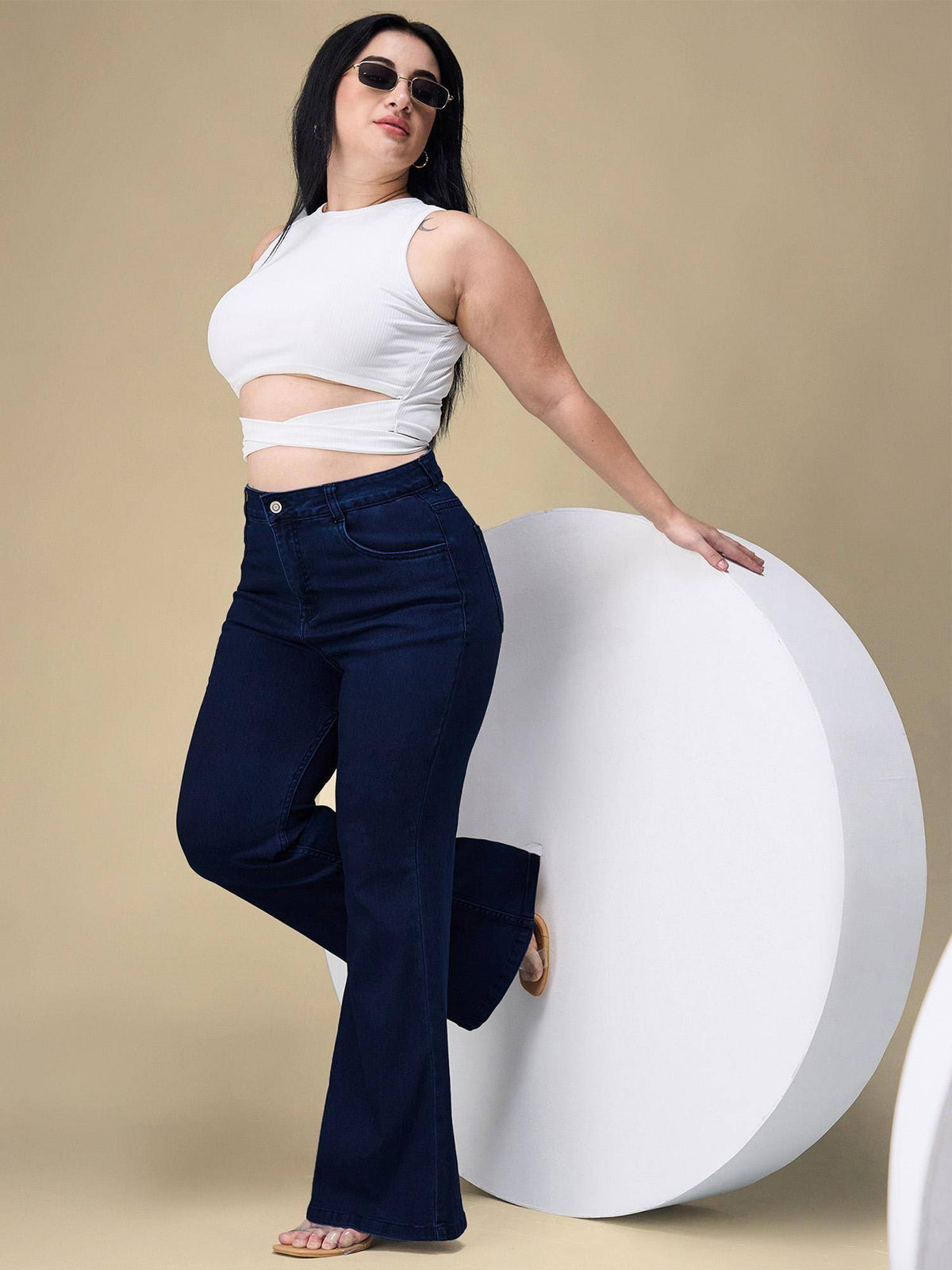A+ Curve Collection Plus Size Womens Navy Blue Bootcut Denim Jeans | BT10 - view 2