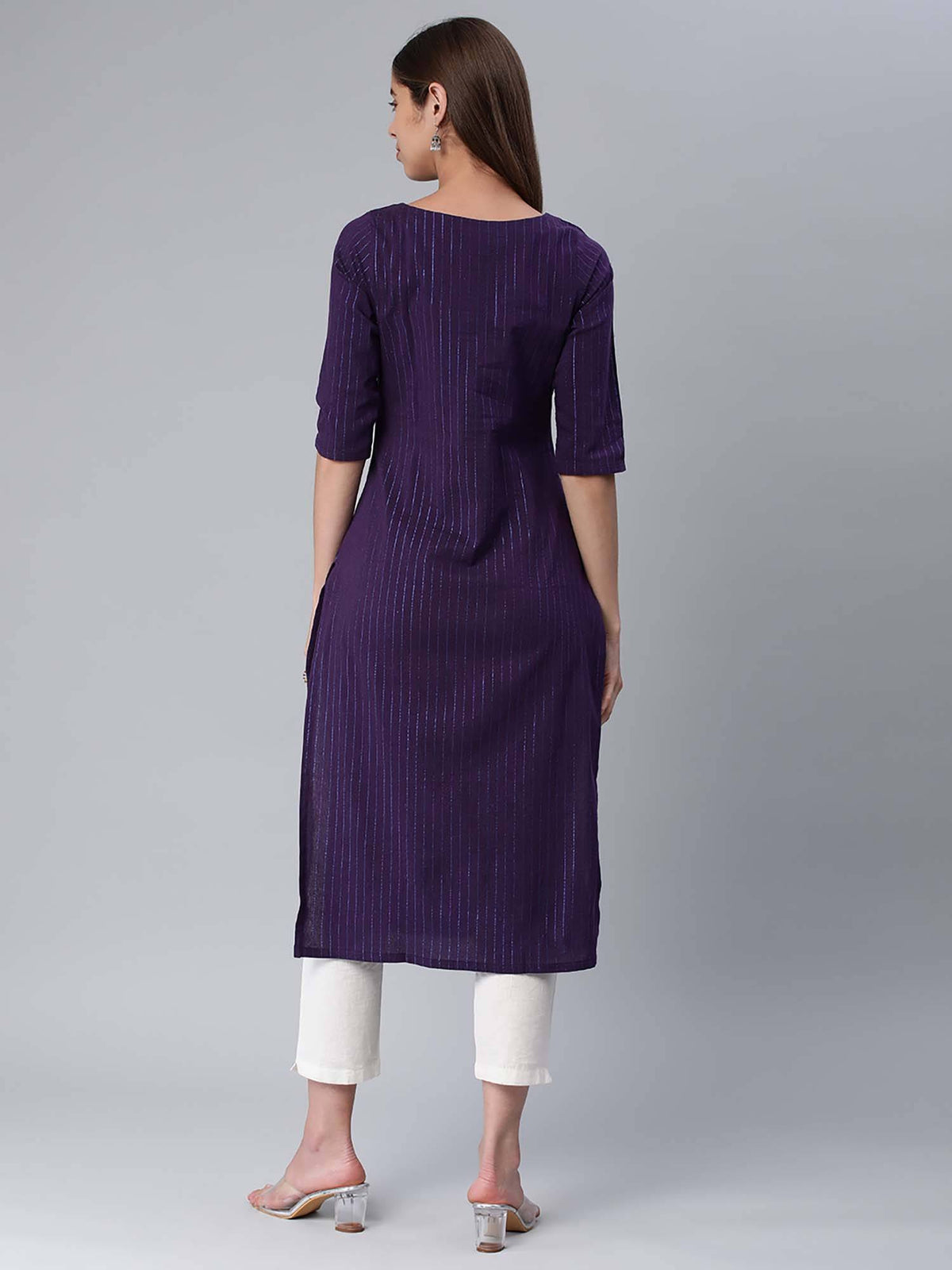 Navy Blue Stripes Regular Kurta | U3S - view 2