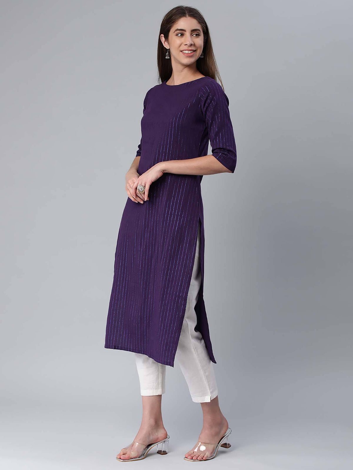 Navy Blue Stripes Regular Kurta | U3S - view 3