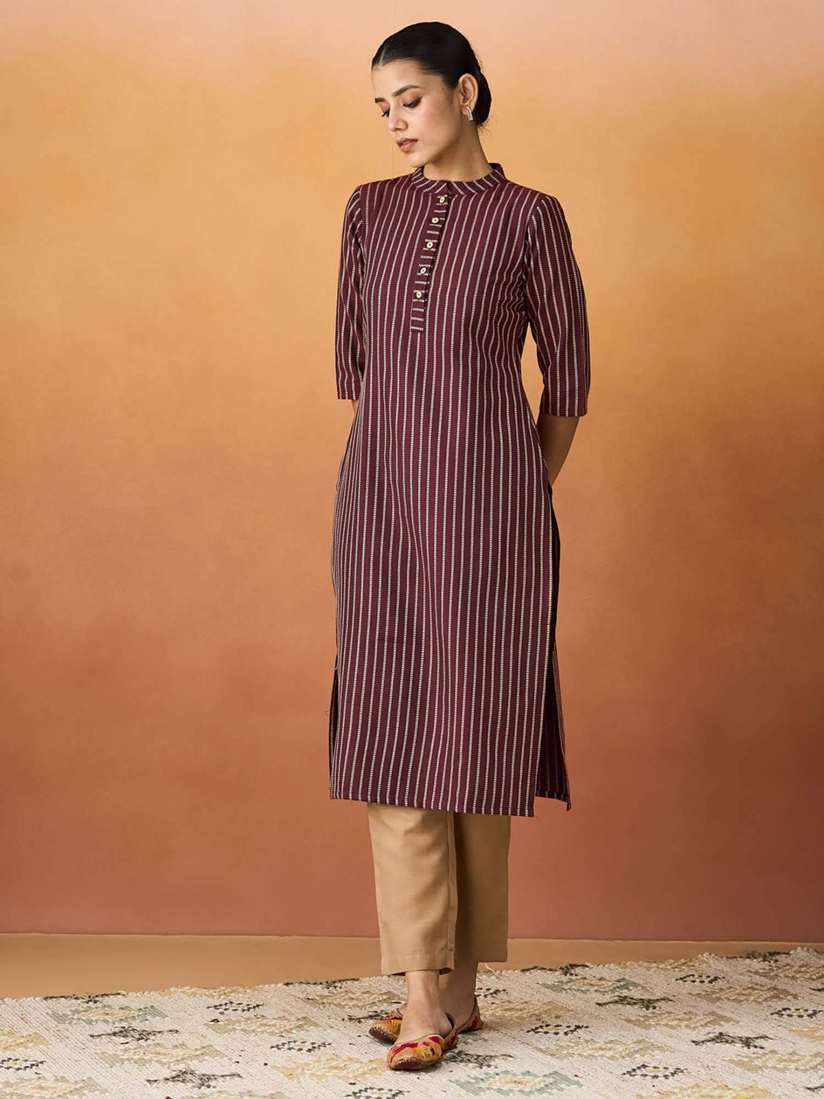 Navy Blue Stripes Regular Kurta | U3S - view 18