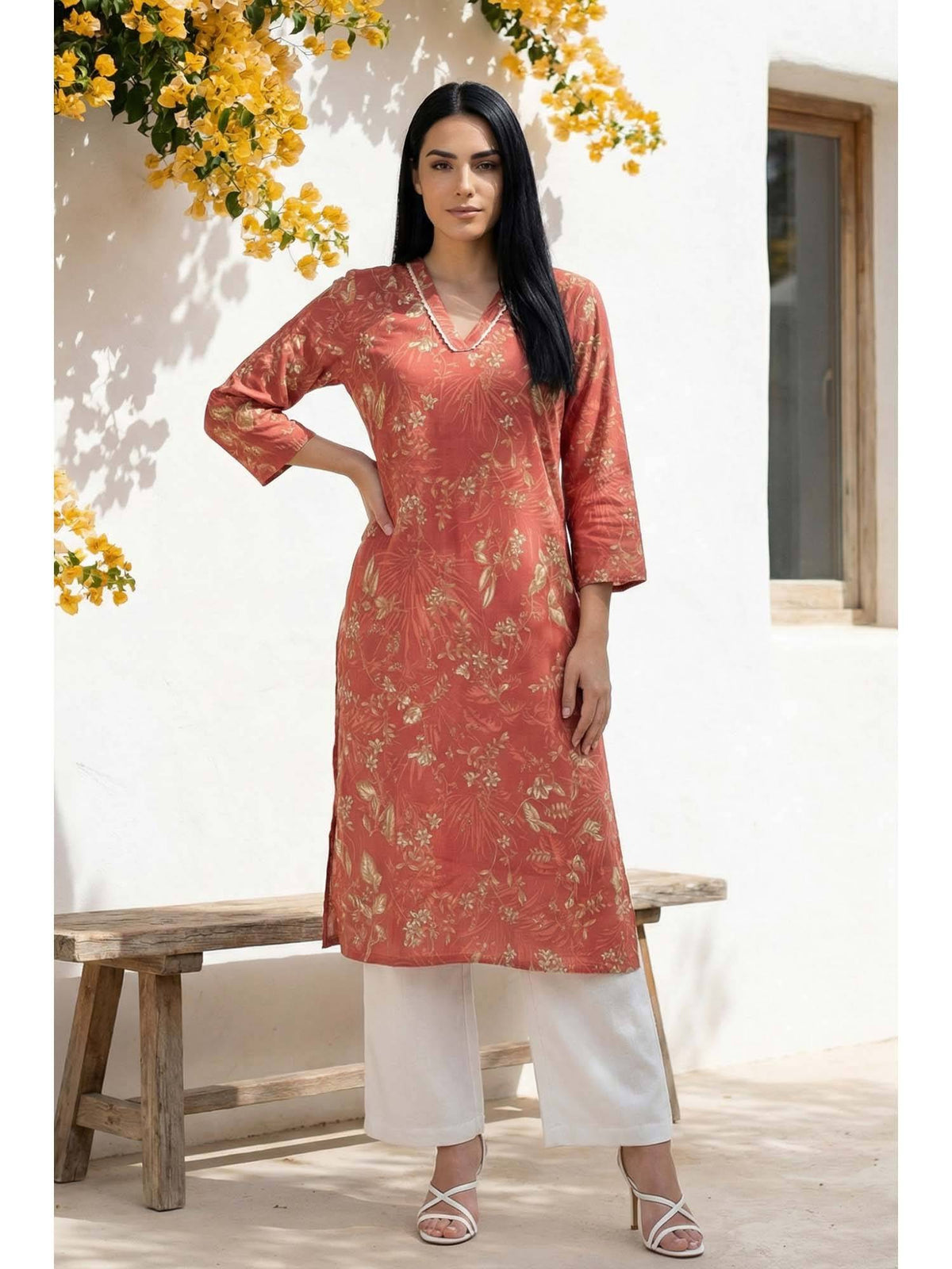 Rust Floral Straight Kurta | FY93 - view 1