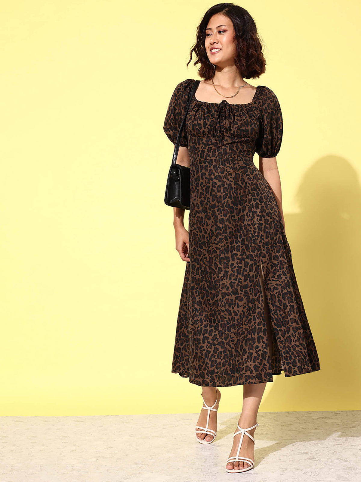 Animal Print Tie-Up Neck Puff Sleeve Crepe A-Line Midi Dress | D56 - view 1