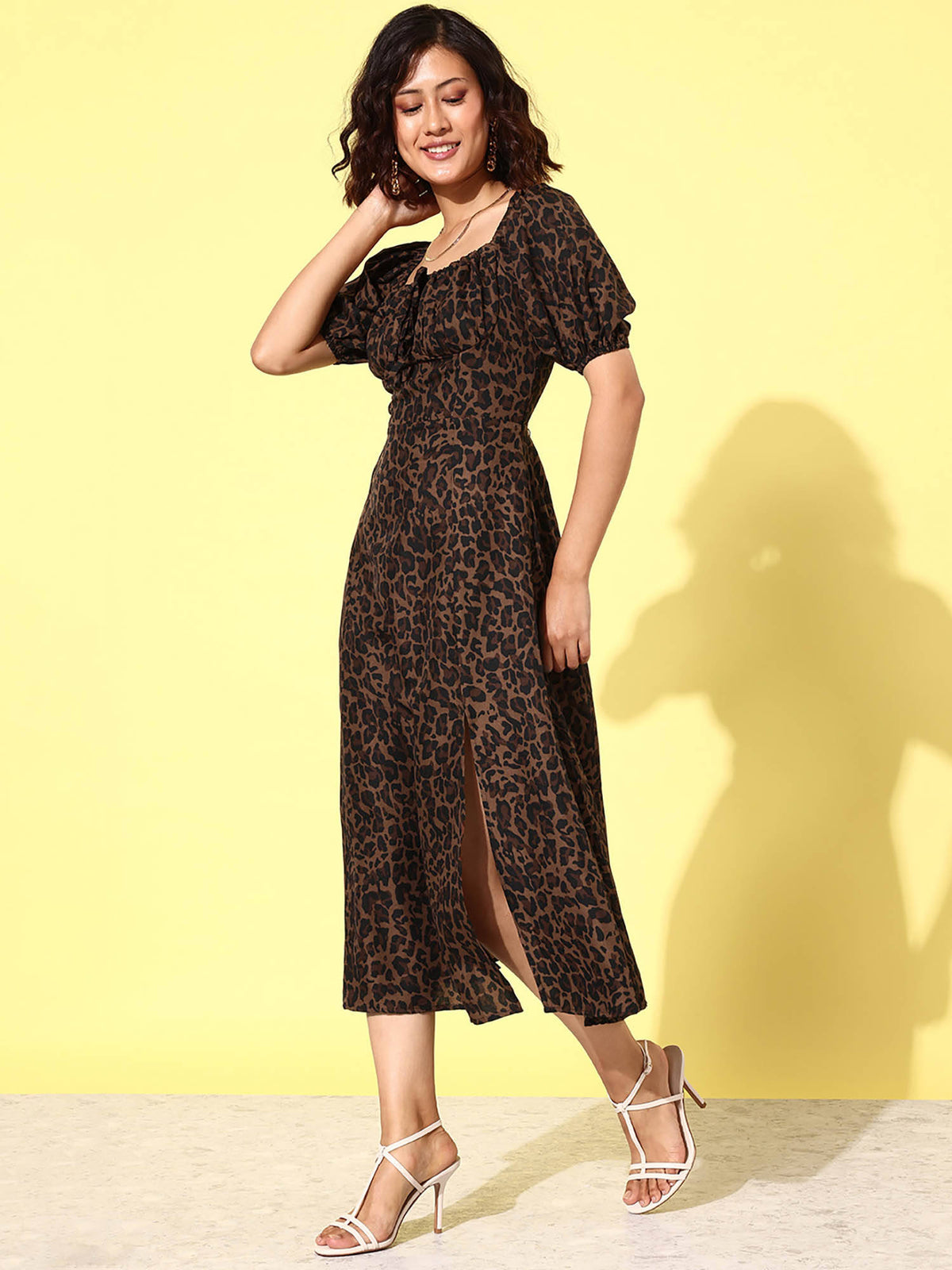 Animal Print Tie-Up Neck Puff Sleeve Crepe A-Line Midi Dress | D56 - view 3