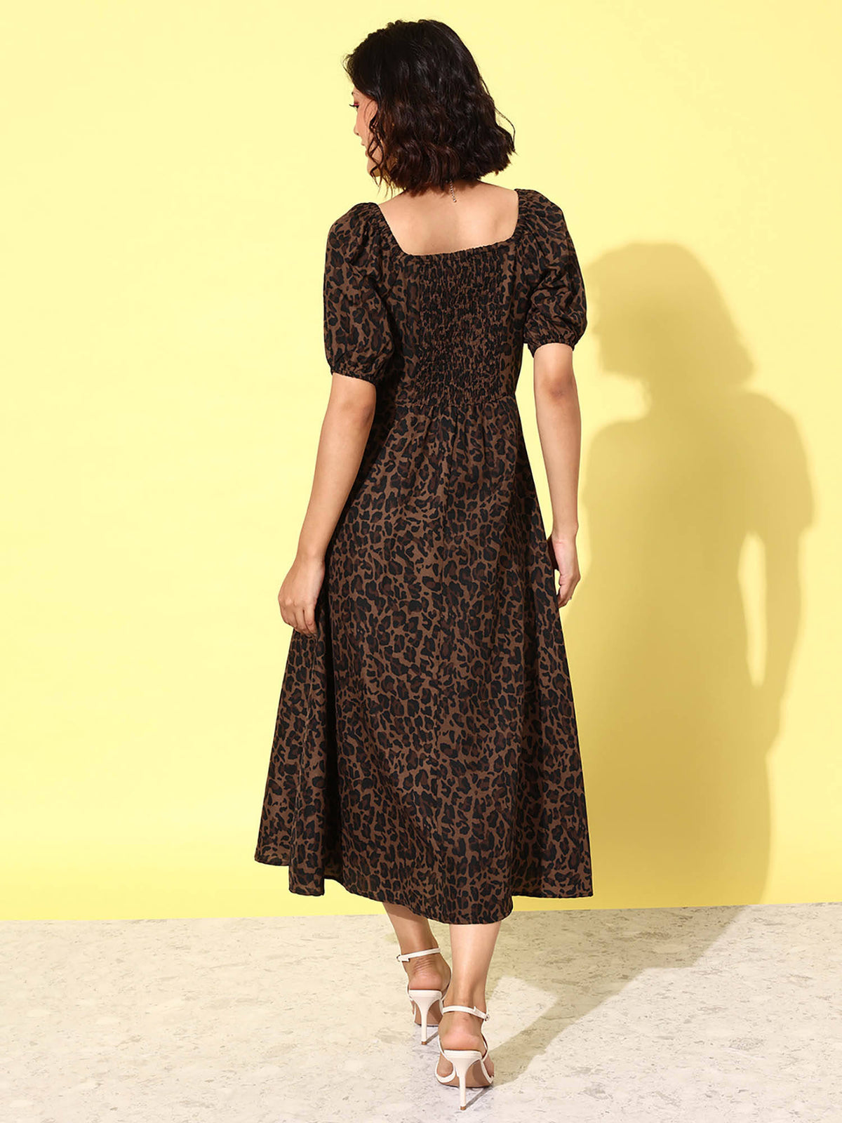 Animal Print Tie-Up Neck Puff Sleeve Crepe A-Line Midi Dress | D56 - view 4