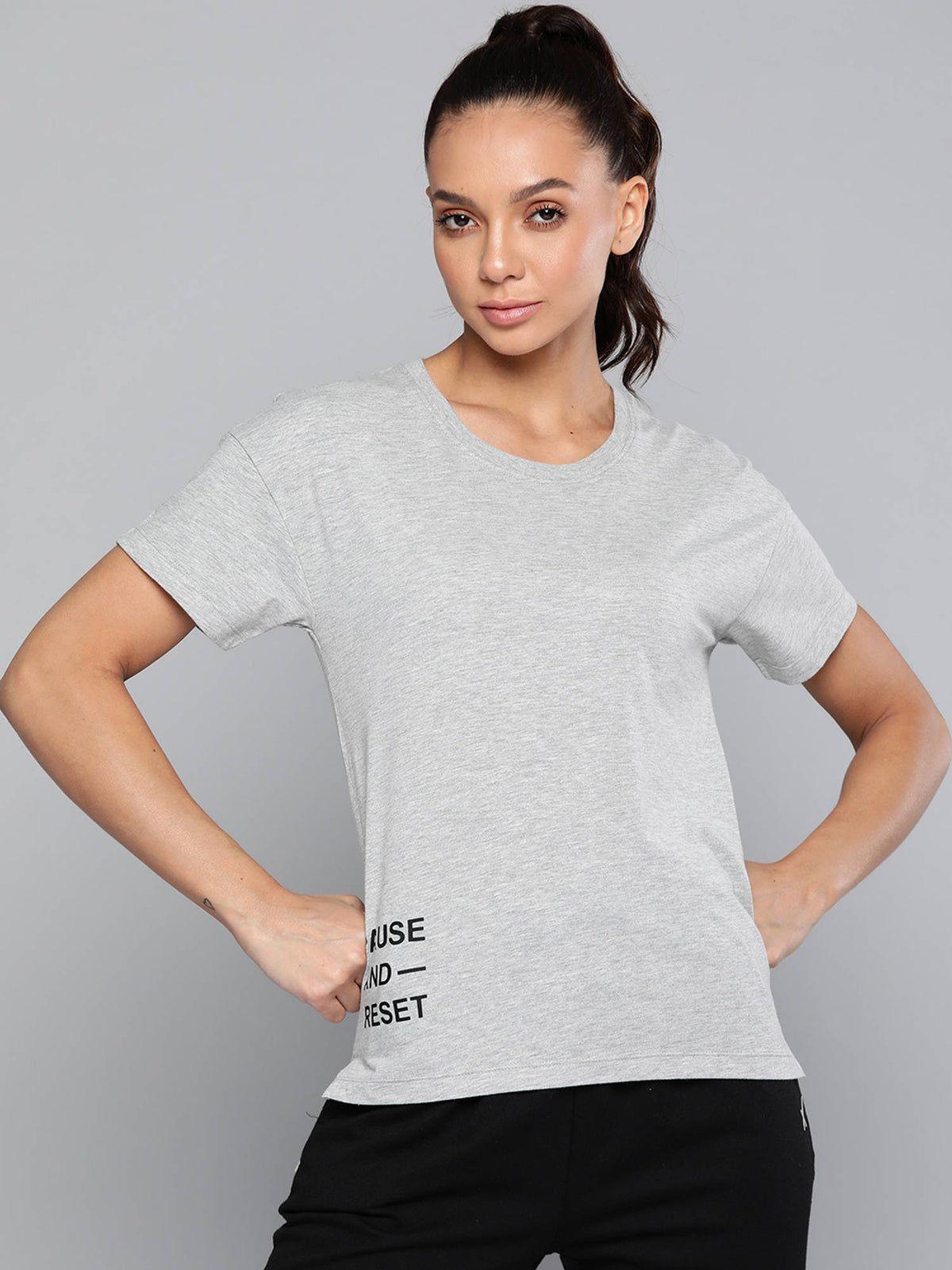 Women Grey Melange Typography Printed Slim Fit T-shirt | TT89 - view 1