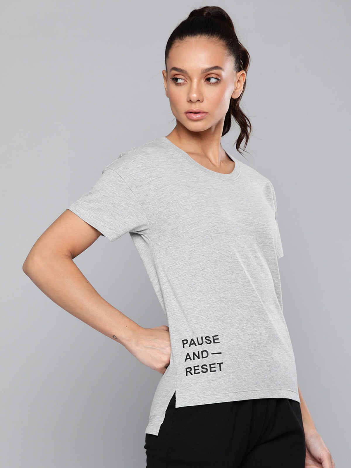 Women Grey Melange Typography Printed Slim Fit T-shirt | TT89 - view 2