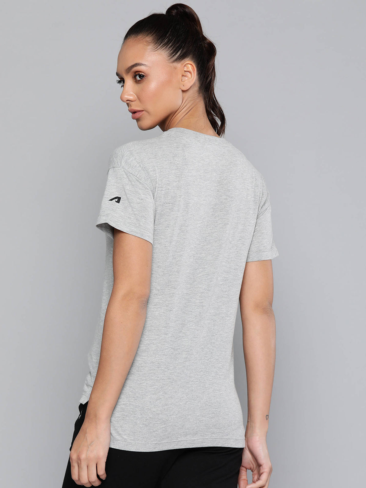Women Grey Melange Typography Printed Slim Fit T-shirt | TT89 - view 3