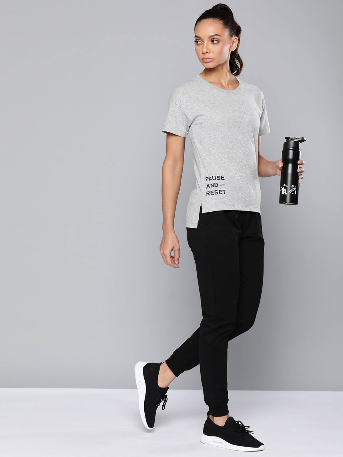 Women Grey Melange Typography Printed Slim Fit T-shirt | TT89 - view 4
